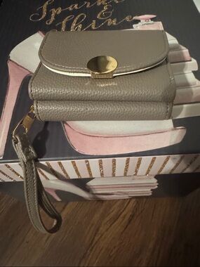 Taupe Leather Wristlet Wallet with Gold Accent